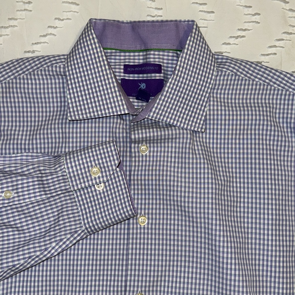 EUC Egara Shirt Mens 17 Modern Fit Purple Plaid Long Sleeve Button Down Non Iron
